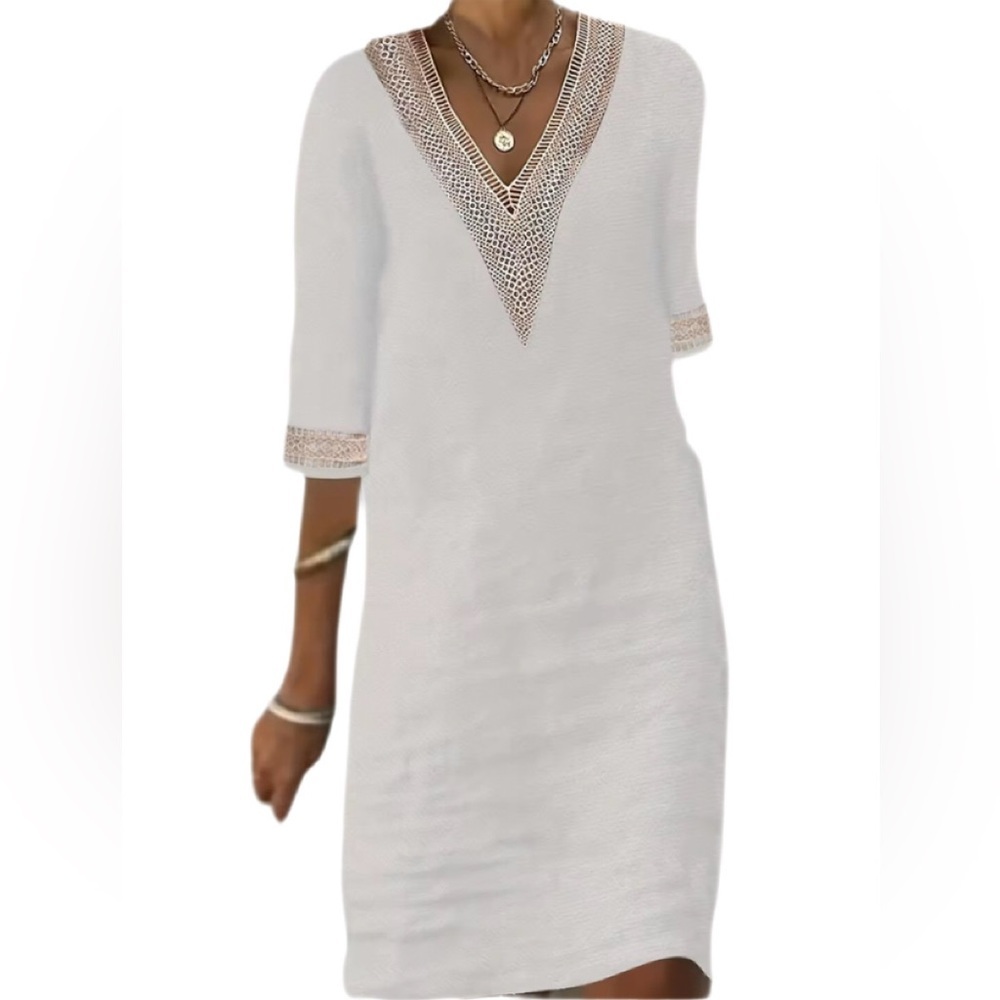 White Tunic Dress Lace V Neck Knee-Length, Pullover Comfortable Stylish